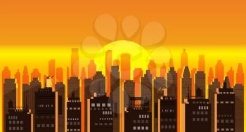 Cityscape sunset. Modern city skyline panoramic vector background