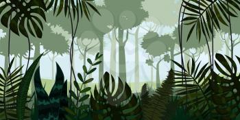 Vector tropical rainforest Jungle landscape background with leaves, fern, isolated