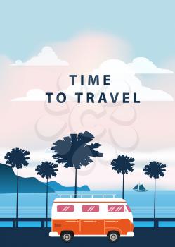 Travel, trip vector illustration. Sunset, ocean, sea, seascape Surfing van bus on road palm beach