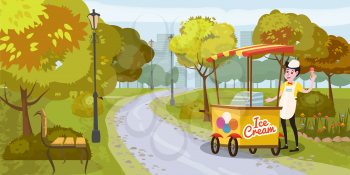Park, seller and cart with ice cream, seller, trees. bench, background metropolis, vector illustration isolated