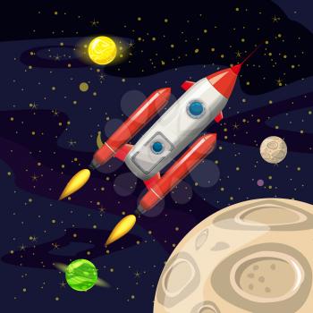Space rocket launch, spaceship, space background cartoon style