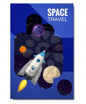 Outline outer space rocket space travel, exploration of the universe, other planets, flying rockets, stars of distant galaxies, template of flyear, magazines, posters, book cover, banners