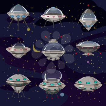 Set flying Saucer, Spaceship UFO Illustration cartoon funny, unidentified spaceship and spacecrafts from alien invaders various futuristic shapes, vector
