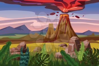 Volcano eruption, background landscape plain, vegetation, stones, vector cartoon style illustration
