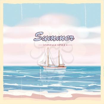Vintage seaside summer view poster. Seascape, flowers. Vector background