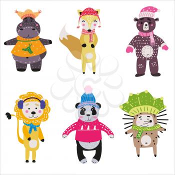 Christmas Animals set cute hippo, fox, bear, lion, panda, hedgehoge. Hand drawn collection characters illustration vector