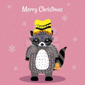 Merry Christmas Cute Raccoon with hat and toy card. Hand drawn character illustration vector isolated poster
