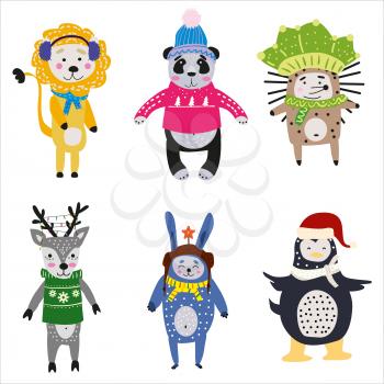 Christmas Animals set cute lion, panda, hedgehog, raccoon, deer, rabbit, penguin. Hand drawn collection characters illustration vector