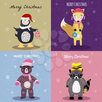Christmas Animals Card Set cute fox, bear, raccoon, penguin. Hand drawn collection characters illustration vector