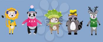 Christmas Animals set cute lion, panda, hedgehog, raccoon, deer with scarf, hat and sweater. Hand drawn collection characters illustration vector
