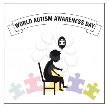 World Autism Day, a little lonely boy sits on a chair, against a background of puzzles, vector, illustration
