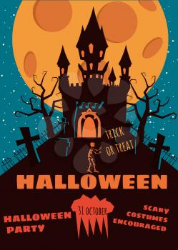 Halloween background with semetery and sceleton, haunted castle, house and full moon