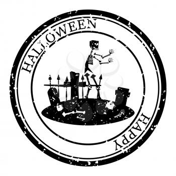 Halloween Stamp Postal. Cemetery Skeleton Silhouette Seal. Passport Round Design. Vector Icon. Design Retro Travel.