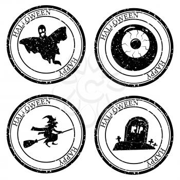 Set Halloween Stamp Postal. Ghost Witch Eye Cemetery Silhouette Seal. Passport Round Design. Vector Icon. Design Retro Travel.