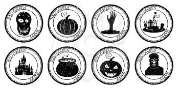 Set Halloween Stamp Postal. Pumpkin Cauldron Scull Castle Cemetery Silhouette