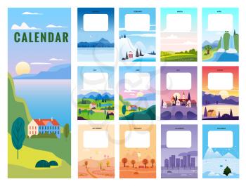 Calendar template minimalistic landscape natural backgrounds of four seasons