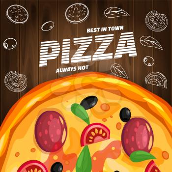 Pizza Pizzeria Italian template flyer baner with ingredients and text on wooden background