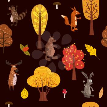 Autumn forest cute animals seamless pattern with trees leaves