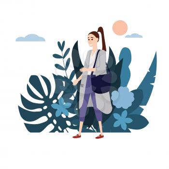 Young girl in a gray coat goes about his business. Background flora flowers floral leaves