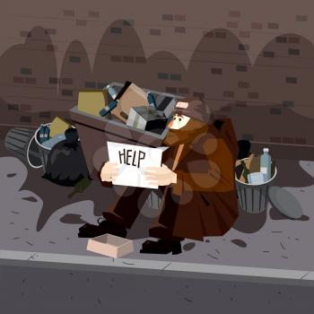 Homeless sad poor person male character beg help money near the garbage containers