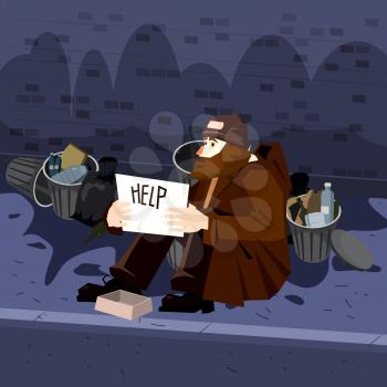 Homeless sad poor person male character beg help money near the garbage containers