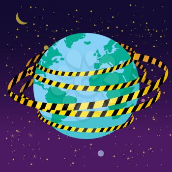 Quarantine tapes strips around planet Earth. Pandemic stop Coronavirus outbreak covid-19 2019