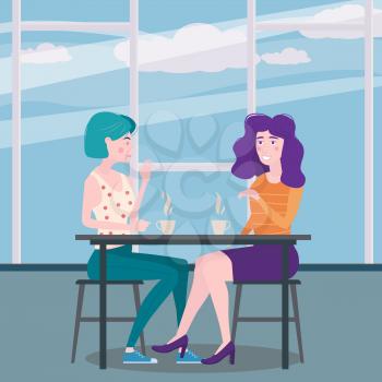 Romantic meeting of two girlfriends in a cafe. Sit drinking coffee in chairs, have fun and relaxation