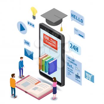 Online education isometric icons composition with little people taking books from smartphone