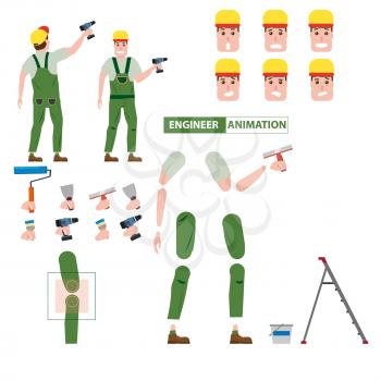 Industrial construction worker, assembly worker, installer profession worker character for animation
