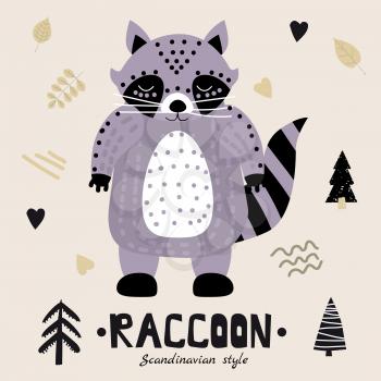 Raccoon cute funny character. Childish vector illustration in scandinavian style