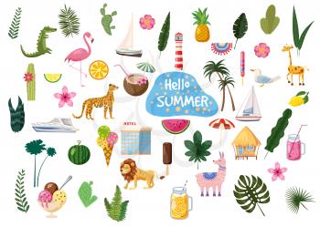 Set of cute trendy hello summer icons food, drinks, cactus, flowers, palm leaves