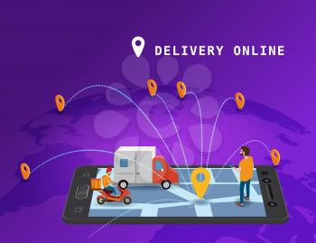 Global tracking system Delivery service online isometric design with smartphone, user man, markers, truck, scooter on map Earth