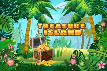 Treasure Island Pirate chest full of gold coins gems crown sword. Jungle tropical forest
