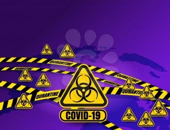 Quarantine sign tapes strips around planet Earth. Pandemic stop Coronavirus outbreak covid-19 2019