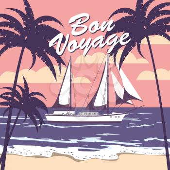 Sailing ship banner retro vintage with text Bon Voyage tropical palm silhouettes