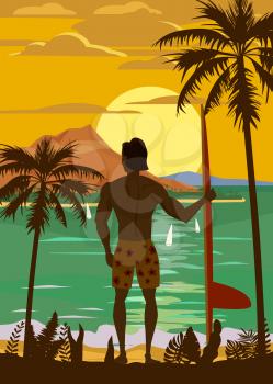 Surfer standing with surfboard on the tropical beach back view. Hawaii surfing palms ocean theme