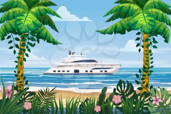 Summer Vacation Poster. Seascape beach palms seachore speed yacht tropical ocean, vector, illustration