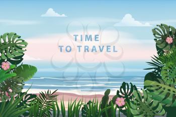 Time To Travel Summer Vacation Poster. Seascape beach flora seachore tropical ocean, vector, illustration