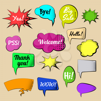 Collection of Cartoon, Comic Speech Bubbles. Colored Dialog Clouds with Halftone Dot Background in Pop Art Style.