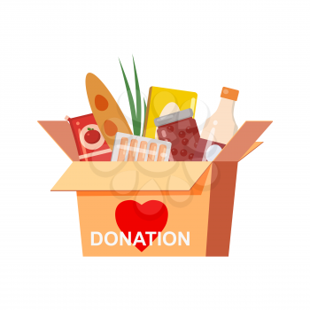 Box donation with food charity. Canned, bread, drinks. With text banner donate