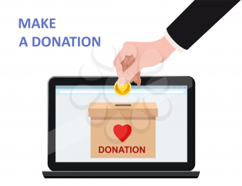 Donate online payments. Hand insert money gold coin in to the donation box on a laptop PC display