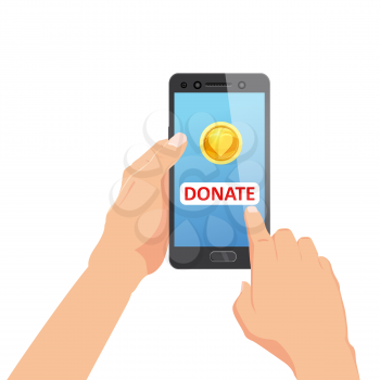 Donating money by online payments consept. Gold coin and donate button on smartphone screen