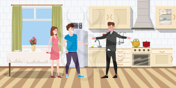 Furniture shop interior kitchens and appliances. Couple man and woman and assistant buyer. Microwave, refrigerator, gas stove, dishwasher and decoration. Vector illustration isolated flat cartoon style