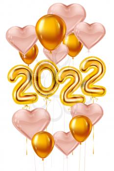 Happy New Year 2022 Gold balloons, stage podium. Golden foil numerals, pink hearts balloons with, confetti, ribbons, poster, banner. Vector realistic 3D illustration isolated