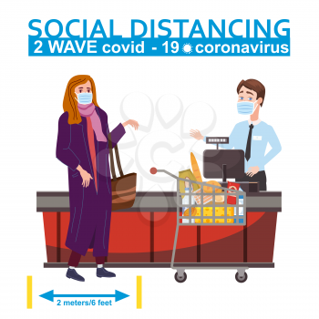 Supermarket social distancing store counter cashier and buyer in medical masks, with cart and basket of food. Quarantine coronavirus 2019-nCoV 2 wave in the store epidemic precautions. Cartoon style vector illustration