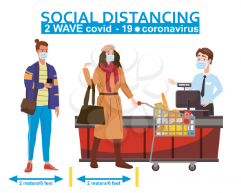 Supermarket social distancing store counter cashier and in medical masks, with cart and basket of food. Quarantine coronavirus 2019-nCoV 2 wave in the store epidemic precautions. Cartoon style vector illustration