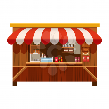 Market wooden store, stand stall and various kiosk, with red and white striped awning