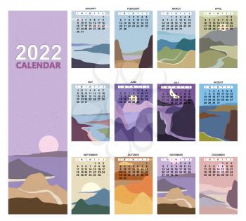 2022 Calendar Planner abstract minimalist contemporary landscape natural backgrounds. Monthly template for diary business. Week Starts Sunday. Vector isolated illustration