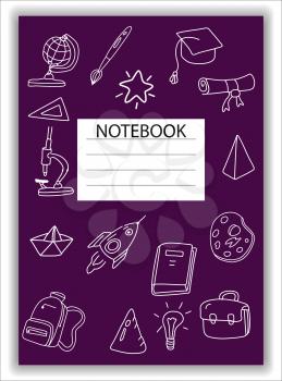 Cover Notebook school doodles icons hand drawn. Template cover for diary, broshure, poster, sketchbook. Vector illustration isolated