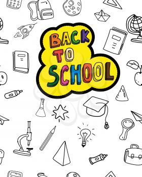 Back to school cover background, hand draw doodle icons supples, equipment, elements seamless pattern. Cover notebook, broshure, poster, flyer, book template vector illustration isolated